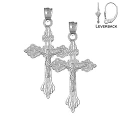 Sterling Silver 55mm Budded Crucifix Earrings (White or Yellow Gold Plated)