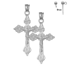 Sterling Silver 55mm Budded Crucifix Earrings (White or Yellow Gold Plated)