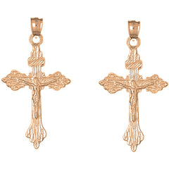 14K or 18K Gold 55mm Budded Crucifix Earrings