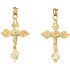 Yellow Gold-plated Silver 55mm Budded Crucifix Earrings