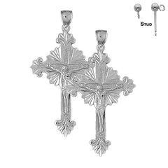 Sterling Silver 52mm Budded Glory Crucifix Earrings (White or Yellow Gold Plated)