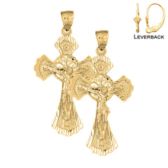 Sterling Silver 53mm Budded Crucifix Earrings (White or Yellow Gold Plated)