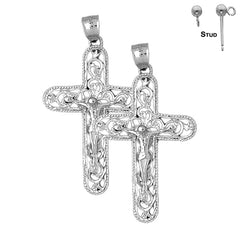 Sterling Silver 53mm Vine Crucifix Earrings (White or Yellow Gold Plated)