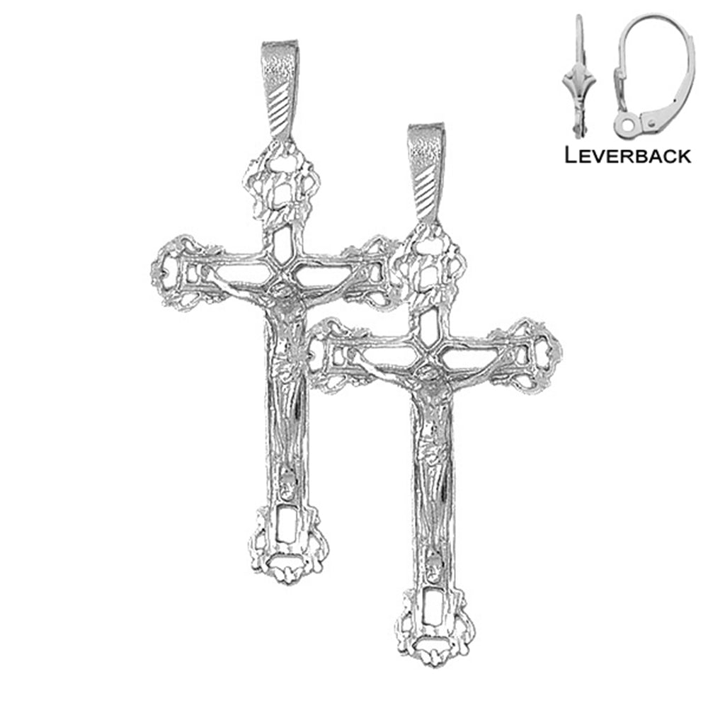 Sterling Silver 61mm Budded Crucifix Earrings (White or Yellow Gold Plated)
