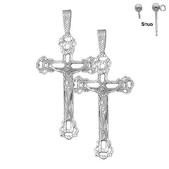 Sterling Silver 61mm Budded Crucifix Earrings (White or Yellow Gold Plated)