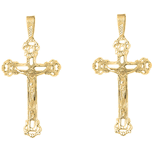 Yellow Gold-plated Silver 61mm Budded Crucifix Earrings