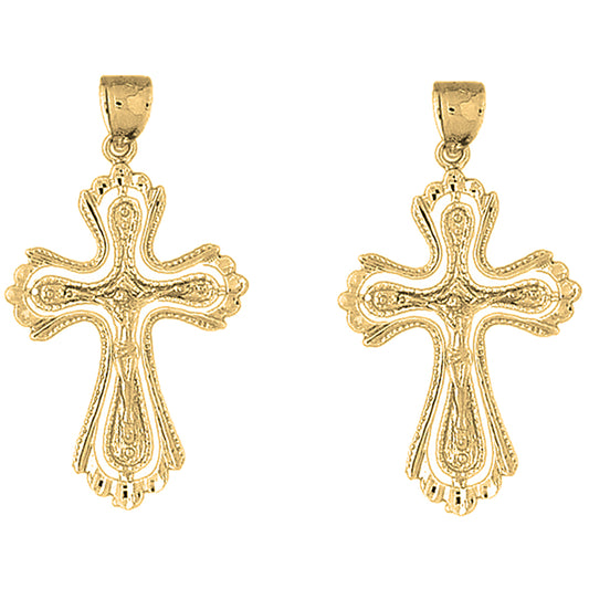 Yellow Gold-plated Silver 48mm Budded Crucifix Earrings