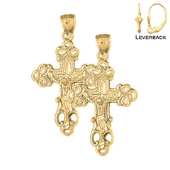 Sterling Silver 39mm Budded Crucifix Earrings (White or Yellow Gold Plated)