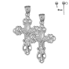 Sterling Silver 39mm Budded Crucifix Earrings (White or Yellow Gold Plated)