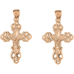 14K or 18K Gold 39mm Budded Crucifix Earrings