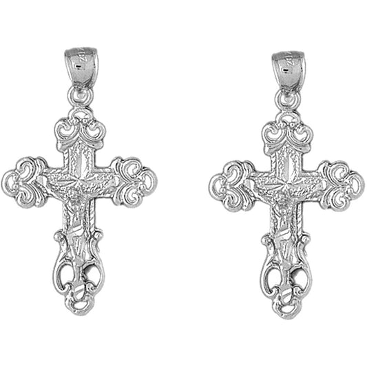 Sterling Silver 39mm Budded Crucifix Earrings
