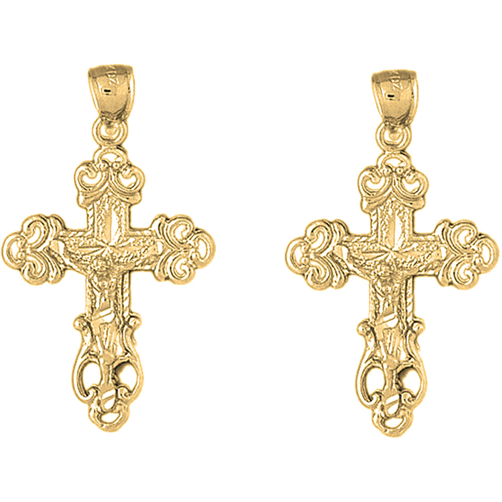 Yellow Gold-plated Silver 39mm Budded Crucifix Earrings