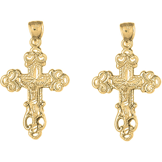 14K or 18K Gold 39mm Budded Crucifix Earrings