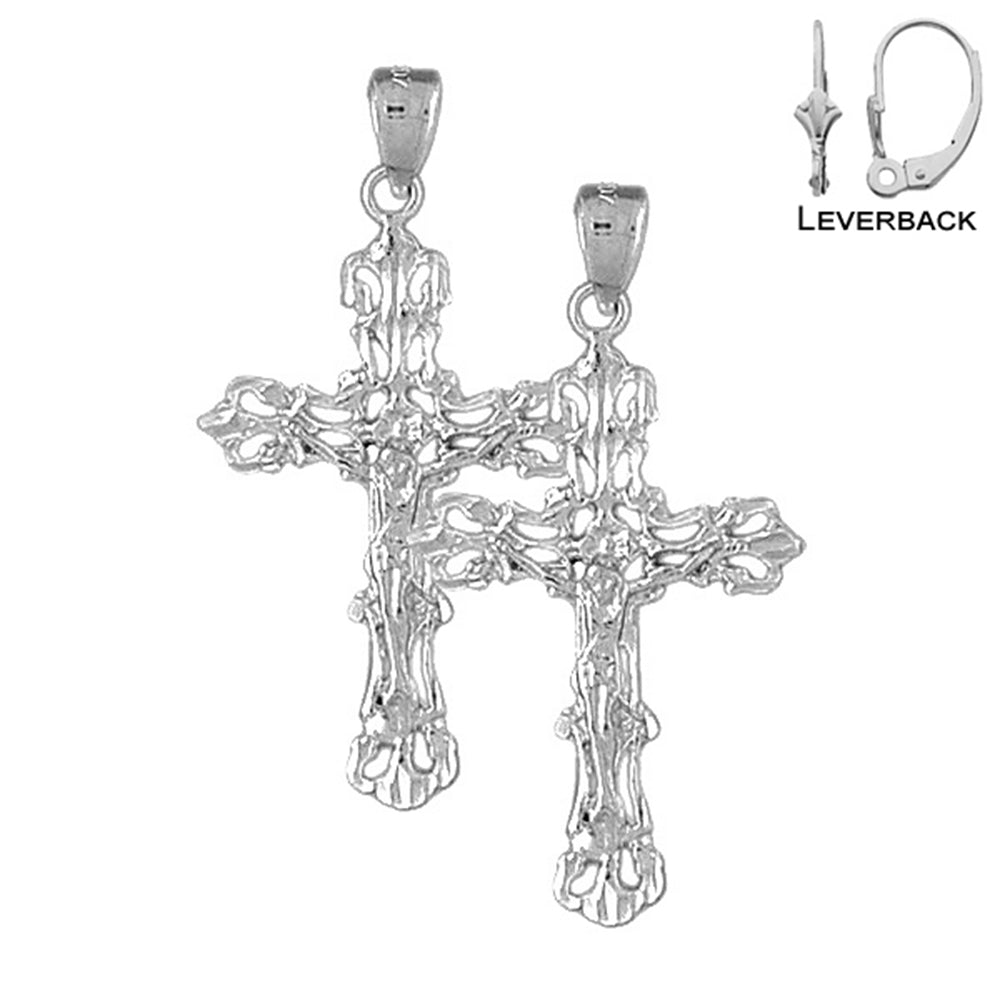 Sterling Silver 40mm Budded Crucifix Earrings (White or Yellow Gold Plated)