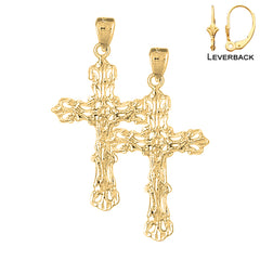 Sterling Silver 40mm Budded Crucifix Earrings (White or Yellow Gold Plated)