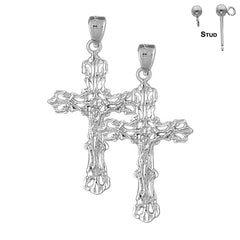 Sterling Silver 40mm Budded Crucifix Earrings (White or Yellow Gold Plated)