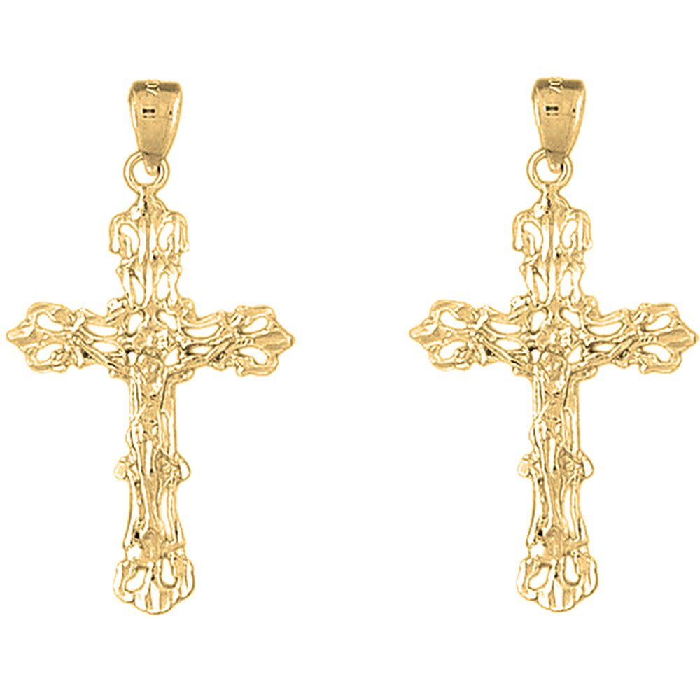 Yellow Gold-plated Silver 40mm Budded Crucifix Earrings