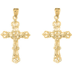 Yellow Gold-plated Silver 40mm Budded Crucifix Earrings