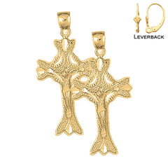 Sterling Silver 43mm Budded Crucifix Earrings (White or Yellow Gold Plated)