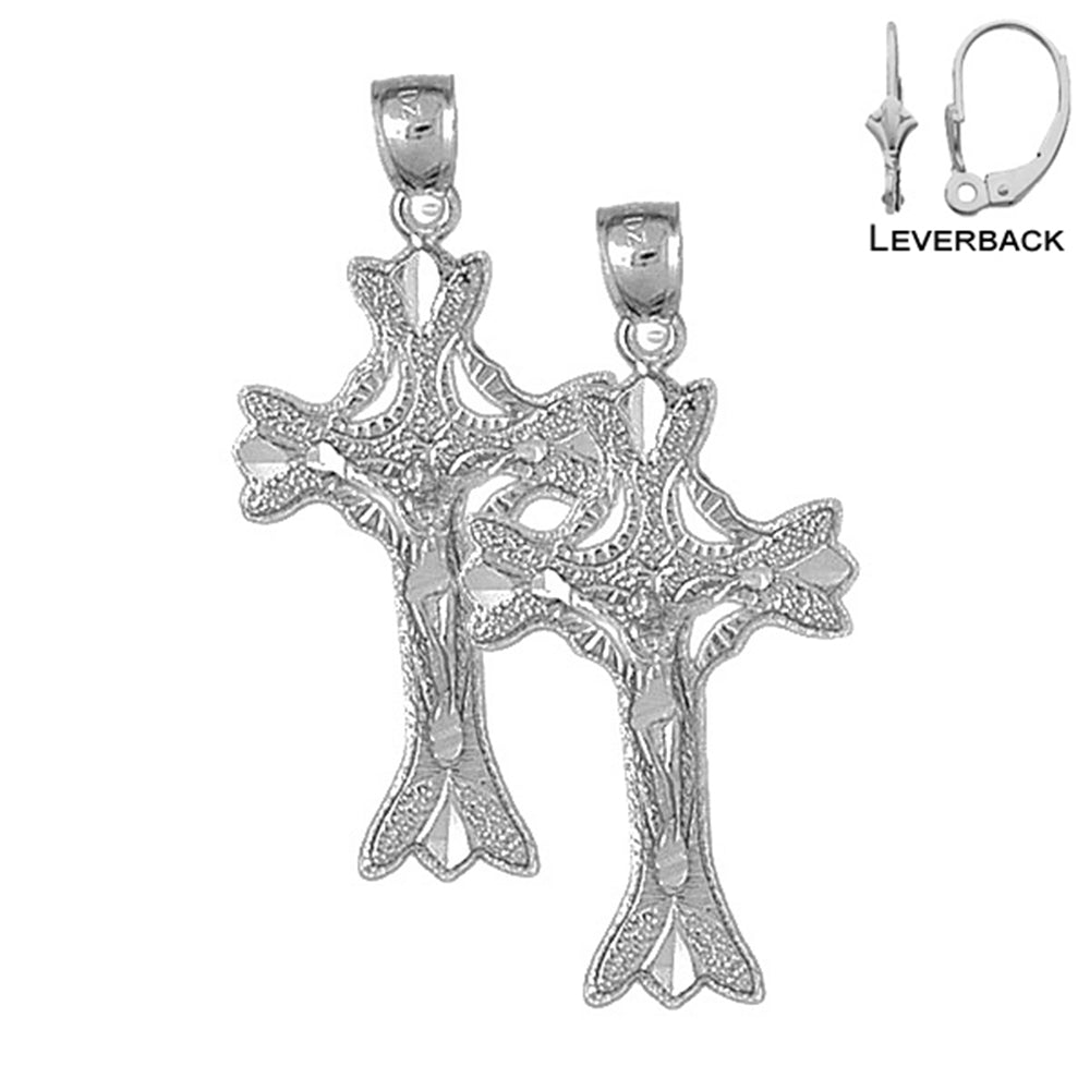 Sterling Silver 43mm Budded Crucifix Earrings (White or Yellow Gold Plated)