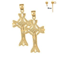 Sterling Silver 43mm Budded Crucifix Earrings (White or Yellow Gold Plated)