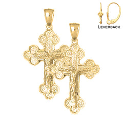 Sterling Silver 43mm Budded Crucifix Earrings (White or Yellow Gold Plated)