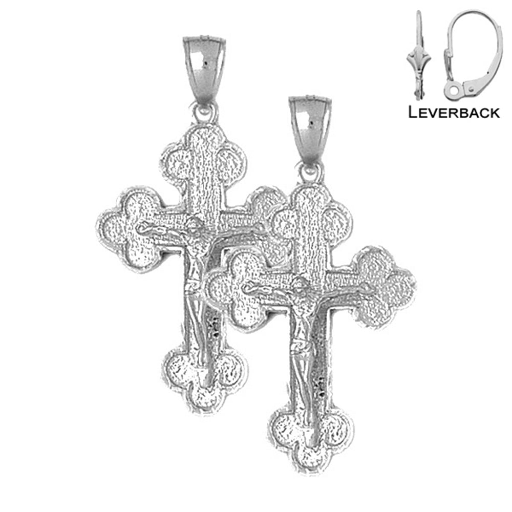 Sterling Silver 43mm Budded Crucifix Earrings (White or Yellow Gold Plated)