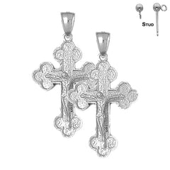 Sterling Silver 43mm Budded Crucifix Earrings (White or Yellow Gold Plated)