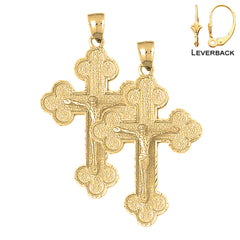 Sterling Silver 45mm Budded Crucifix Earrings (White or Yellow Gold Plated)