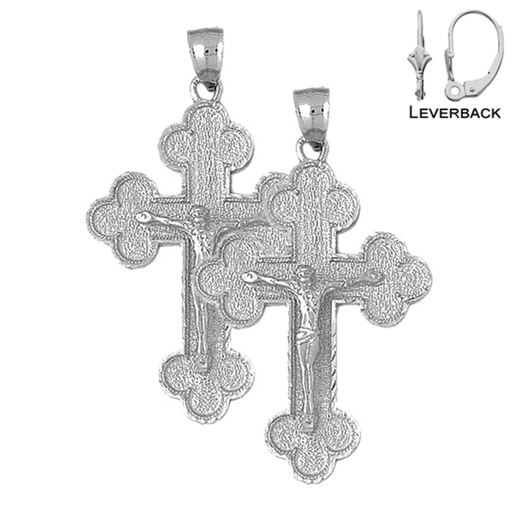 Sterling Silver 45mm Budded Crucifix Earrings (White or Yellow Gold Plated)