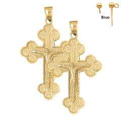 Sterling Silver 45mm Budded Crucifix Earrings (White or Yellow Gold Plated)
