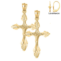 Sterling Silver 47mm Budded Crucifix Earrings (White or Yellow Gold Plated)