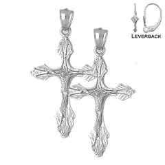 Sterling Silver 47mm Budded Crucifix Earrings (White or Yellow Gold Plated)