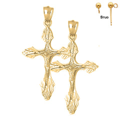 Sterling Silver 47mm Budded Crucifix Earrings (White or Yellow Gold Plated)