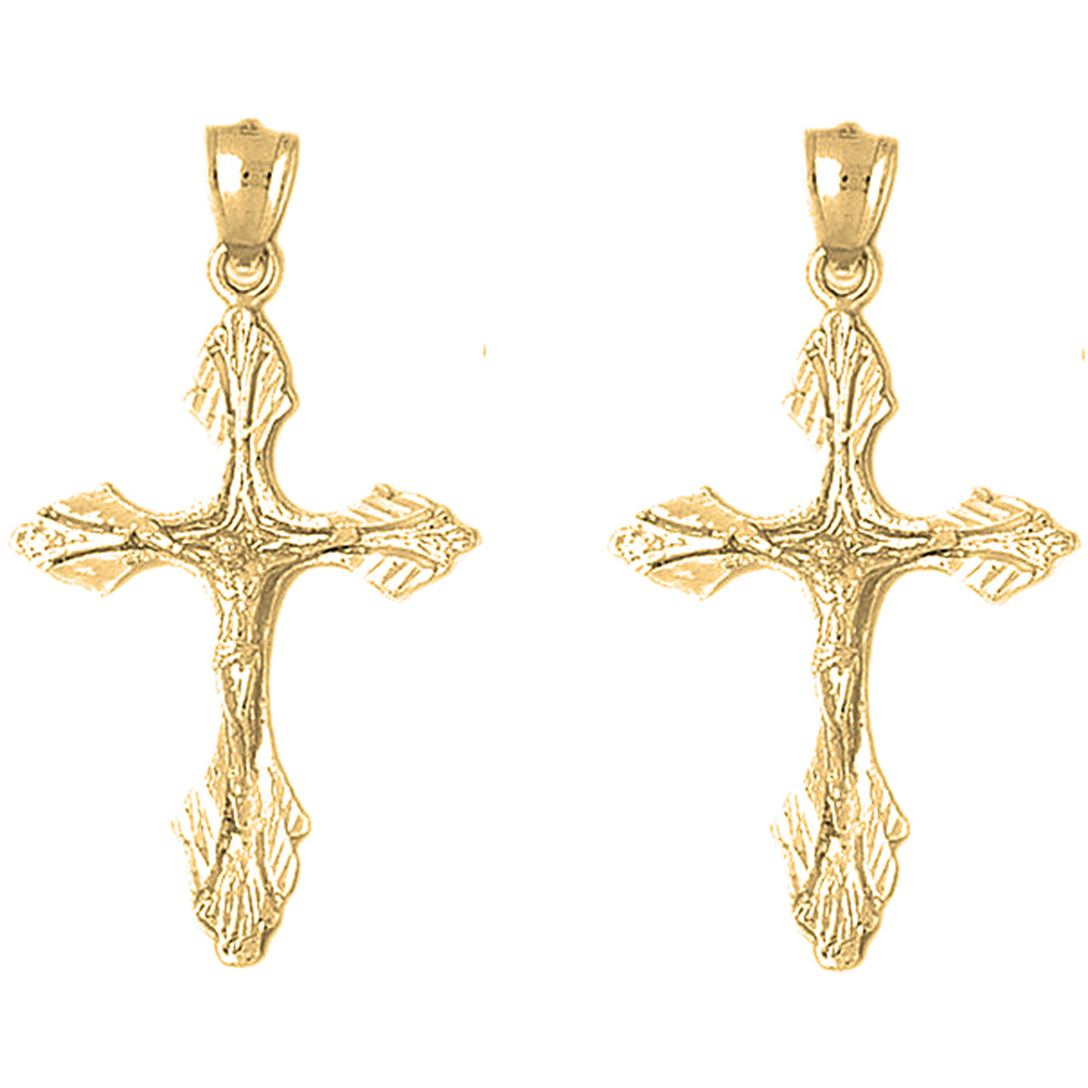 Yellow Gold-plated Silver 47mm Budded Crucifix Earrings