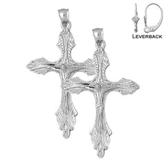 Sterling Silver 59mm Budded Crucifix Earrings (White or Yellow Gold Plated)