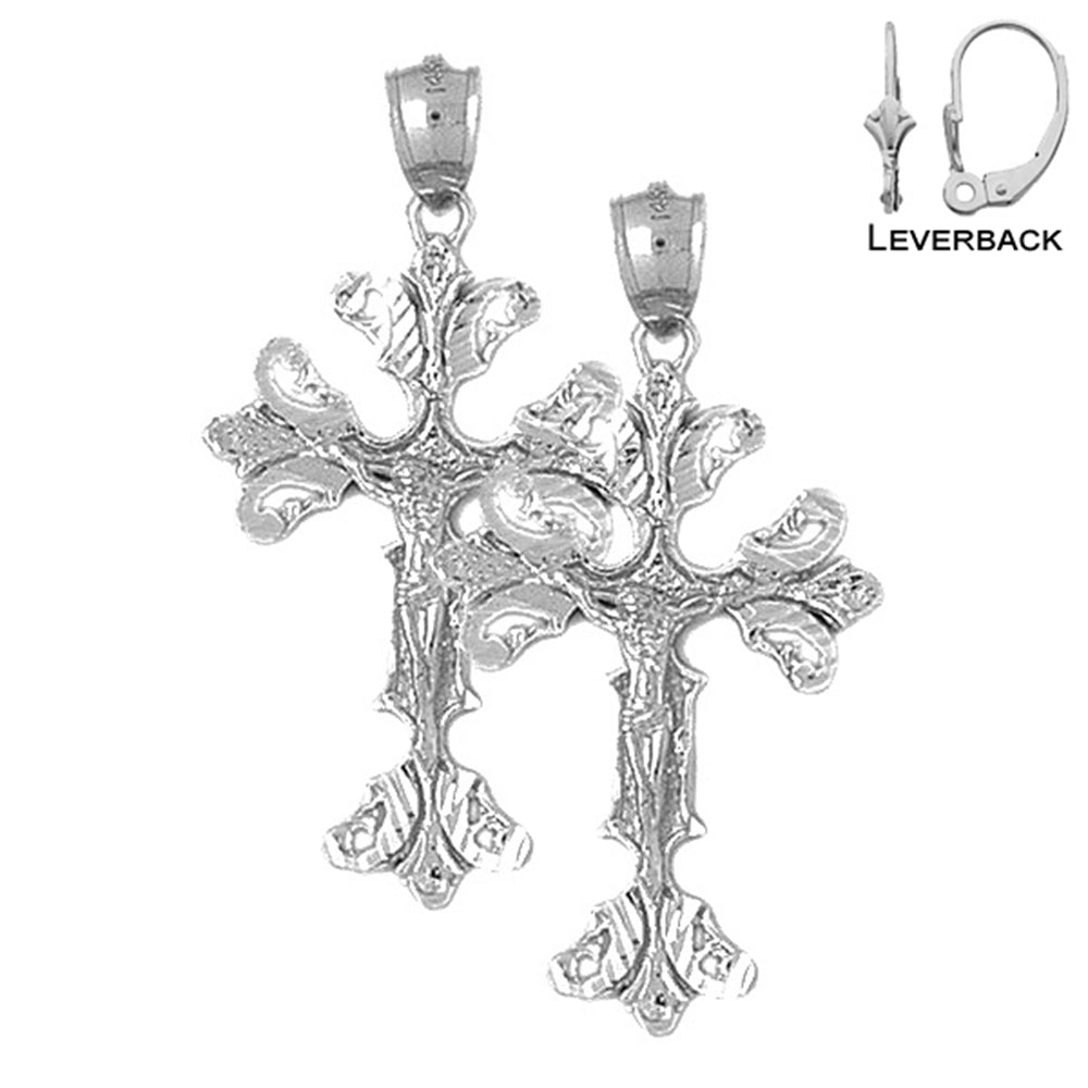 Sterling Silver 45mm Budded Crucifix Earrings (White or Yellow Gold Plated)