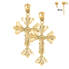 Sterling Silver 45mm Budded Crucifix Earrings (White or Yellow Gold Plated)