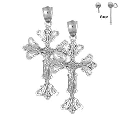 Sterling Silver 45mm Budded Crucifix Earrings (White or Yellow Gold Plated)