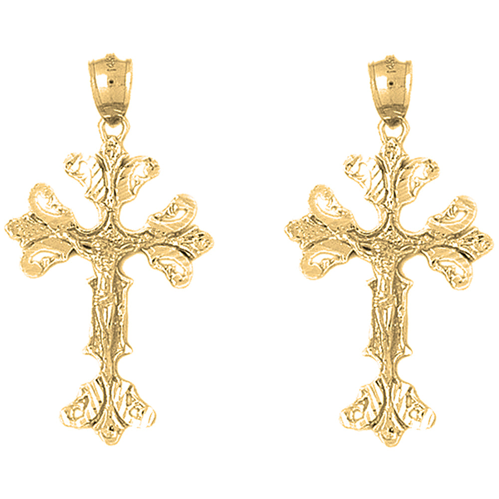 Yellow Gold-plated Silver 45mm Budded Crucifix Earrings