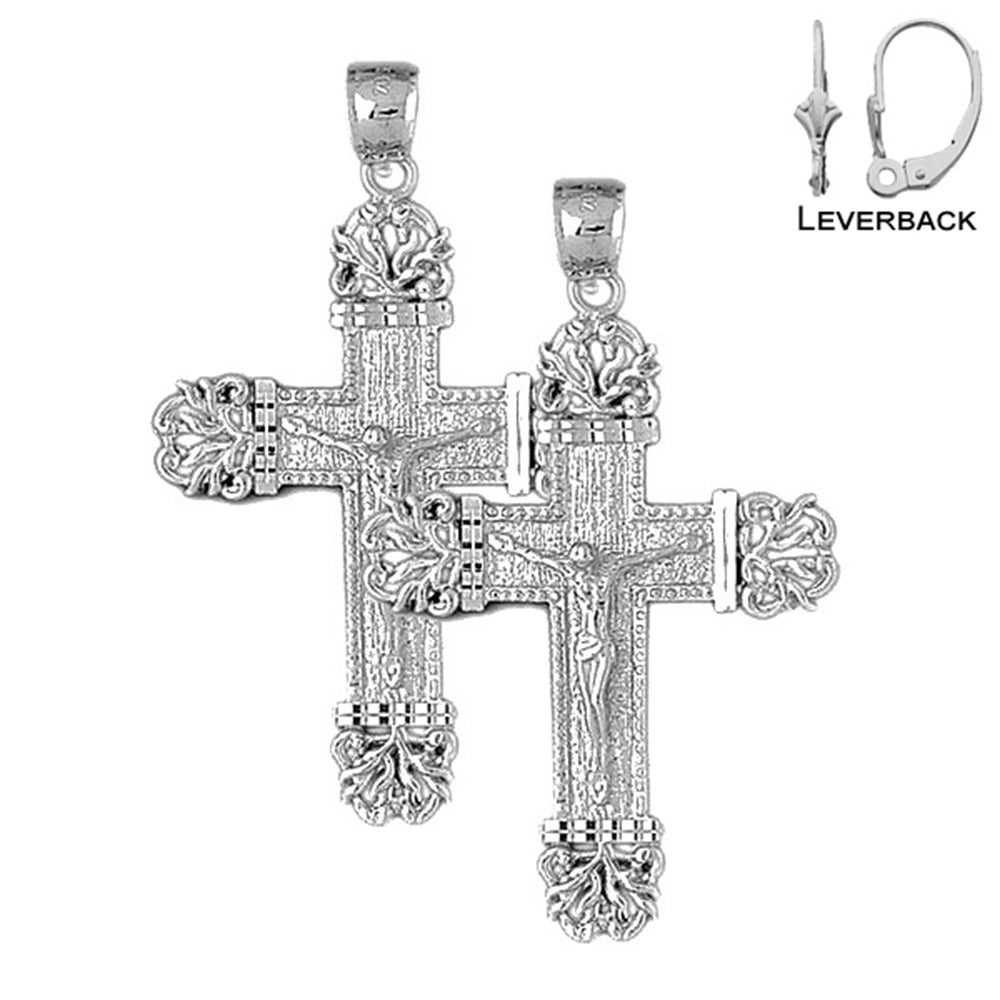 Sterling Silver 55mm Vine Crucifix Earrings (White or Yellow Gold Plated)