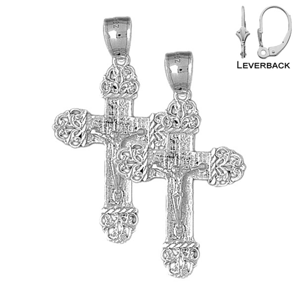 Sterling Silver 42mm Vine Crucifix Earrings (White or Yellow Gold Plated)