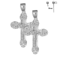Sterling Silver 42mm Vine Crucifix Earrings (White or Yellow Gold Plated)
