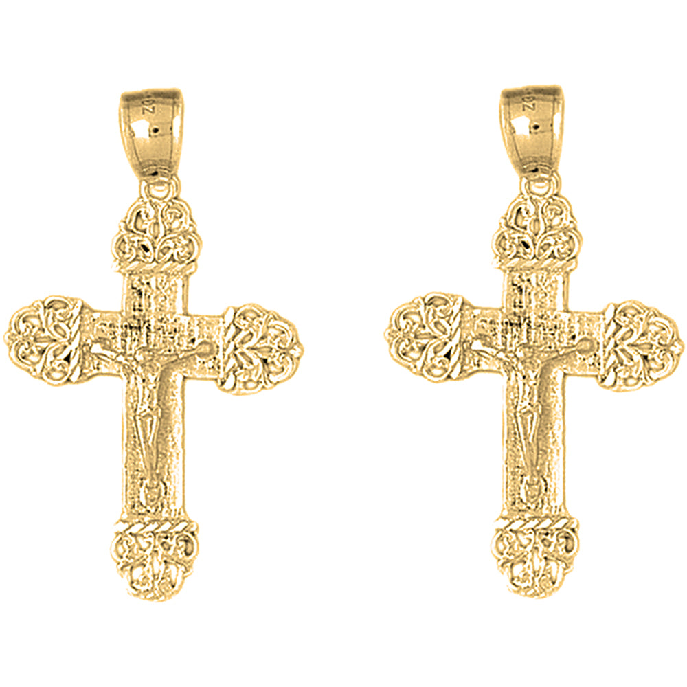 14K or 18K Gold 42mm Vine Crucifix Earrings