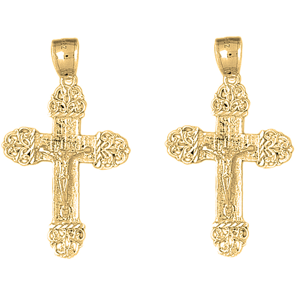 Yellow Gold-plated Silver 42mm Vine Crucifix Earrings