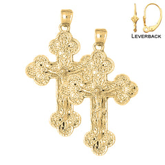Sterling Silver 54mm Budded Crucifix Earrings (White or Yellow Gold Plated)