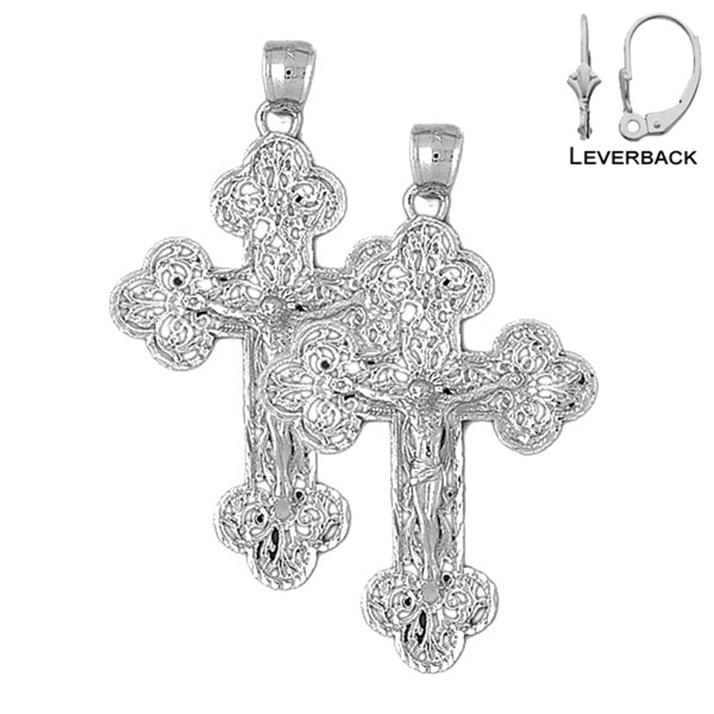 Sterling Silver 54mm Budded Crucifix Earrings (White or Yellow Gold Plated)