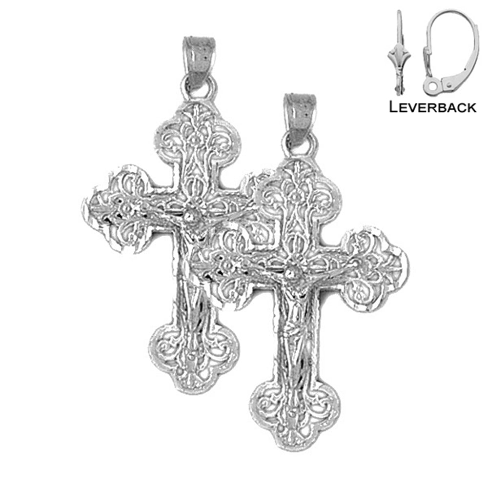 Sterling Silver 37mm Budded Crucifix Earrings (White or Yellow Gold Plated)