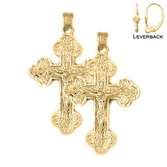 Sterling Silver 37mm Budded Crucifix Earrings (White or Yellow Gold Plated)