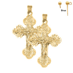 Sterling Silver 37mm Budded Crucifix Earrings (White or Yellow Gold Plated)